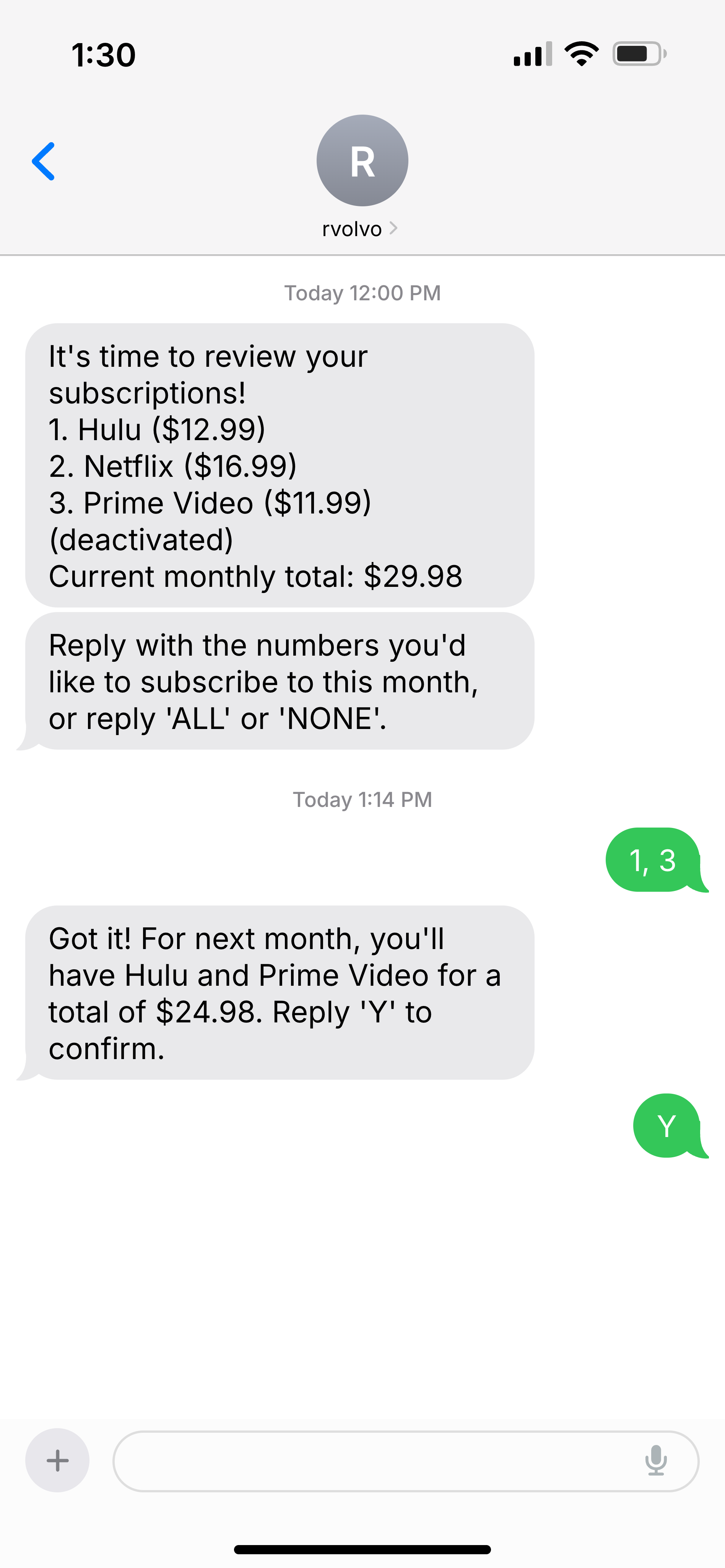 Example SMS conversation with rvolvo